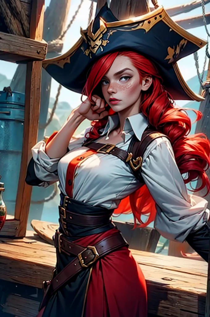 Ginger woman,1girll,freckles,28 year old,Red hair,double tails, Practical pirate clothing, (Long-sleeved pirate top), Skirt,Torn pirate hat, view the viewer, fantasy,Cinematic lighting,Masterpiece,