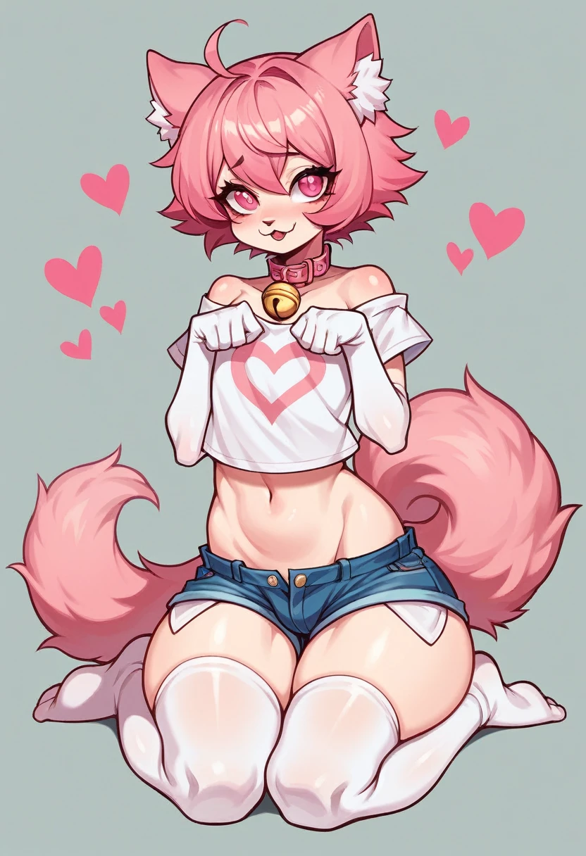 work of art, perfect, highy detailed,(femboy), fluffy white fur, ((pink eyes)), ((1))fluffy cat tail, Pink Short Hair with Cat Ears, tiny chest, (PINK CAT Ears), Wearing a pink collar, pink kitten shirt, short black elastic shorts,White silk gloves, silk white thigh socks, using a muzzle, , god of eyes, niji, god of eyes, niji, collar with a bell, pink heart in eyes cute, dominant