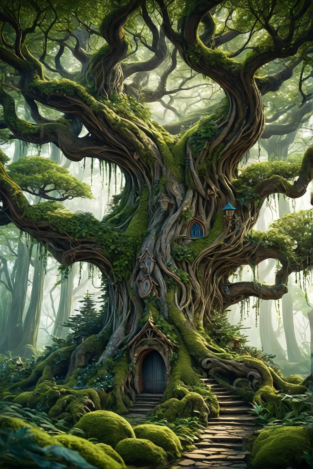A scene of forest fairy tales, where ancient trees tell stories with the help of twisted bark and whispering leaves, combining nature with folklore.(((Fascinating patterns and incredibly beautiful plots))) (((Fairy tales)) fascinate the viewer (((with the magic of art))). Complicated details. High quality.The exquisite detailing of this masterpiece. High detail.A clean background.Perfect proportions.It's surreal.It's a delicate job.Beautifully drawn.(((Magical surrealism)))Ultra-precise art.High contrast, saturated, magically fantastic tones, a symmetrical centered composition surrounded by an aura of the unknown, pulsating with magic, the embodiment of unearthly beauty.(((glamorous surrealism))) prompt from ai artist Eleonora Rimer