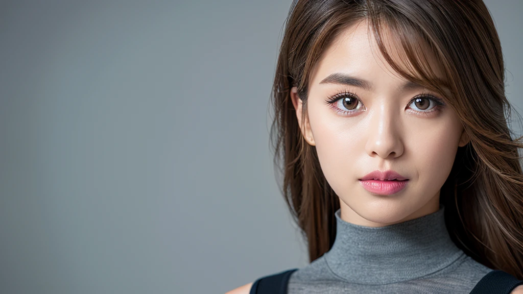 (Detailed face),vivid,chest,cute,Sleeveless and(turtleneck)Silky grey clothing,4K,Ultra-high resolution,(Photorealistic:1.7),Gray background,Long Hair,