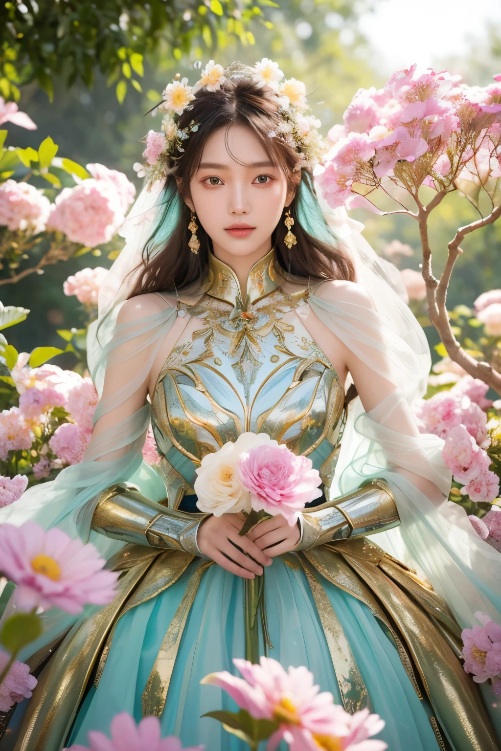 A K-pop star, radiant under the soft light, is posing in a mechanical armor reminiscent of Tim Walker's distinctive style, surrounded by a field of vibrant flowers. She exudes an aura of strength and elegance, adorned in the intricate armor that sparkles and reflects light, highlighting its metallic beauty. Her delicate skin texture is showcased flawlessly, each pore and curve captured with raw, unfiltered precision in this ultra-high resolution photo. The armor, a spectacular fusion of flowers and machinery, contrasts beautifully with her delicate skin, creating a mesmerizing masterpiece.