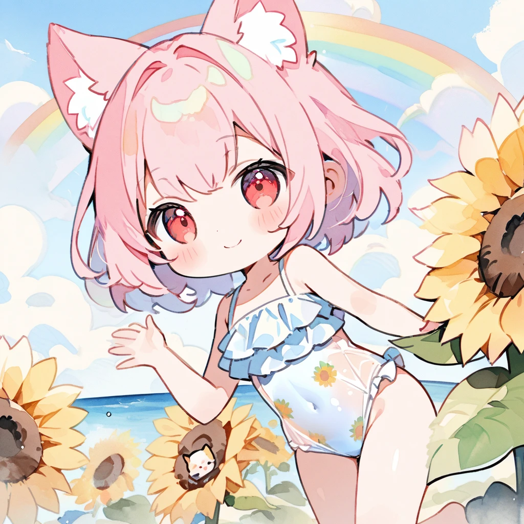 Top quality, masterpiece, high resolution, pastel colors, watercolor style, chibi character, pink hair, animal ear girl, red eyes, sleeping sideways on a large sunflower, smile, transparent ruffled leotard swimsuit with sunflower pattern, beautiful rainbow, blue sky, clouds, sea,Hand waving motion