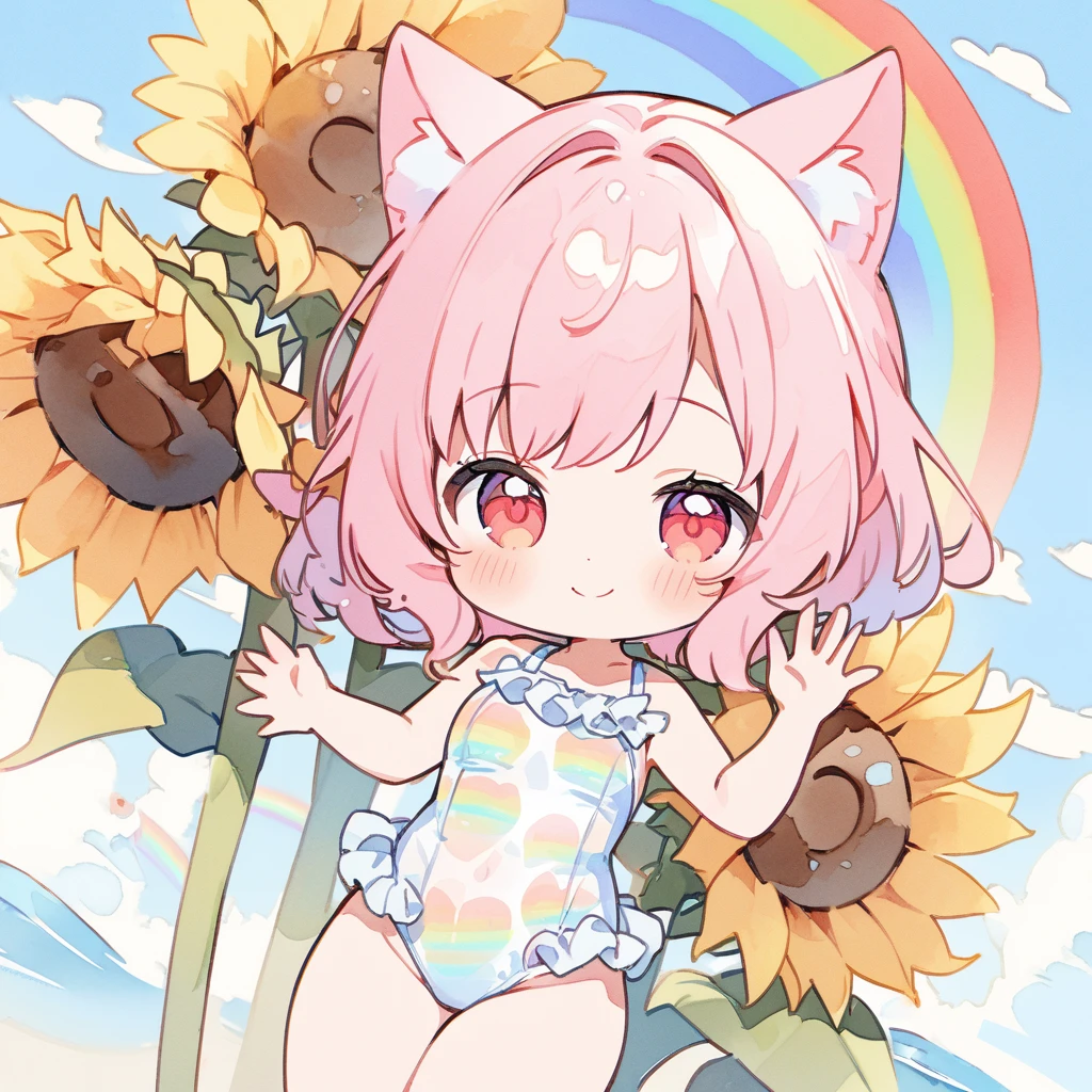 Top quality, masterpiece, high resolution, pastel colors, watercolor style, chibi character, pink hair, animal ear girl, red eyes, sleeping sideways on a large sunflower, smile, transparent ruffled leotard swimsuit with sunflower pattern, beautiful rainbow, blue sky, clouds, sea,Hand waving motion