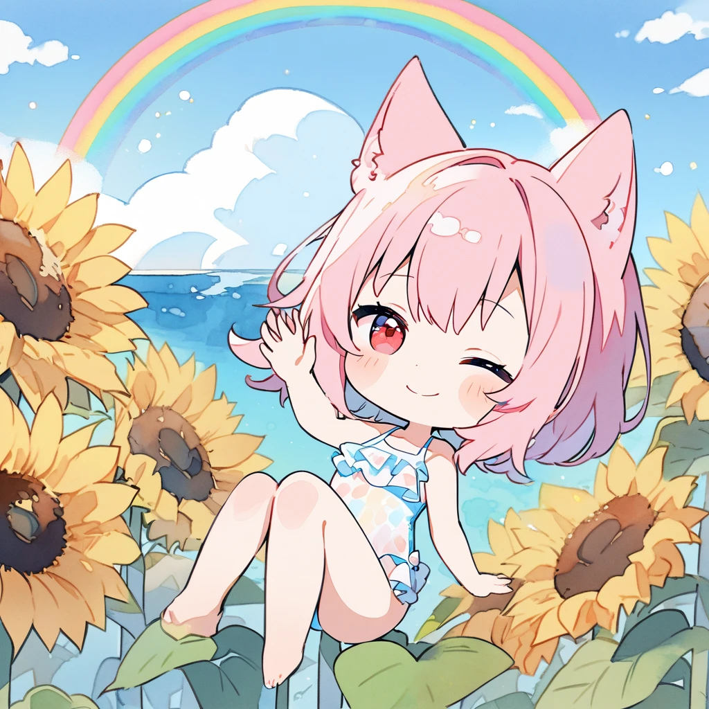 Top quality, masterpiece, high resolution, pastel colors, watercolor style, chibi character, pink hair, animal ear girl, red eyes, sleeping sideways on a large sunflower, smile, transparent ruffled leotard swimsuit with sunflower pattern, beautiful rainbow, blue sky, clouds, sea,Hand waving motion