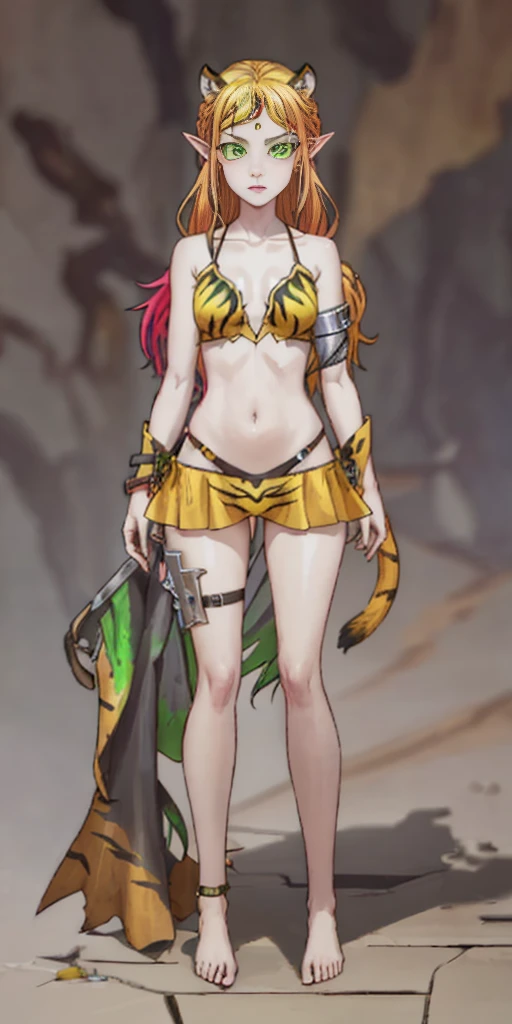 tsundere elf full body toe to head, long hair, blonde hair (green eyes:1.1) pointy ears, elf, multicolored hair, forehead jewel, yellow tiger bikini, standing symmetrical, plain background