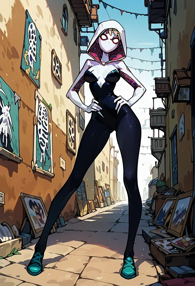 Masterpiece , best quality , Masterpiece , best quality , Spider Gwen , 1 woman, mask , Leotard , abdomen , big breasts , Long legs , Put your hands on your hips. , canvas shoes , alley