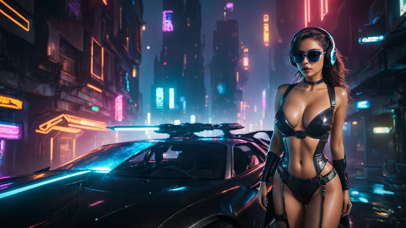 (aerial view, a flying cars docking platform, a very dark abandoned futuristic city, neon lights), rainy night. 1girl, solo, alone, large-breast:1.2 slim body, cleavage:1.1, sexy wind blowing wet dress:1.4, (headphone, black sunglasses), (((she raised:1.8 a pistol:1.8 and took aim))), dynamic pose, (((half-body thigh level medium shot))), cinematic lighting, lens flare, ray tracing.