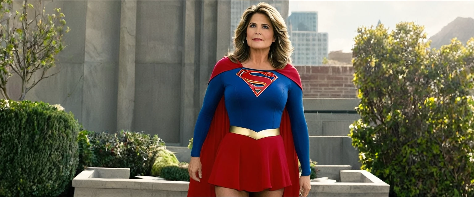 Super Lorraine Bracco(big fat woman; powerful; trusting; higher) 2024 (((Woman defined body strong and firm large breasts; Supergirl 1984s costume dress))) as Supergirl(((Filme da Supergirl de 2024 de Lorraine Bracco))); floating in mid - air.