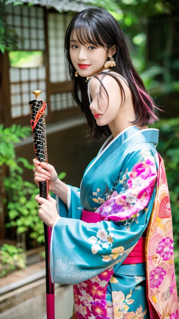 Beautiful Chinese woman, (16 years old), cute face, red lips, white moist skin, moles, under-eye bags,
BREAK,
Feminine body with high athletic ability, Body of a female fitness model, Feminine body with hard tones, (muscles: 1.2), (beautiful belly button),
BREAK,
Fighter, Kung Fu fighter, Idol,
BREAK,
(Wearing cute kimono: 1.3), (Kimono with high exposure: 1.3), (Red long boots 1.3), Necklace, Very large earrings, Short length,
BREAK,
Short hair, (Short bob hair), (Bangs: 1.2), (Pink hair: 1.3), (Wavy hair),
BREAK,
(Very large Japanese sword: 1.4), (Holding the handle of a Japanese sword in hand: 1.3), (Raising a very large Japanese sword: 1.2), (Getting into a fighting stance),
BREAK,
(Japanese tattoo: 1.4),
BREAK,
Masterpiece, Perfect lighting, Ultra high resolution, 8K, (Highly detailed:1.4), (Front view), Looking at camera, Melancholic expression,
BREAK,
(Tokyo city, lots of people in background), Japanese city background,