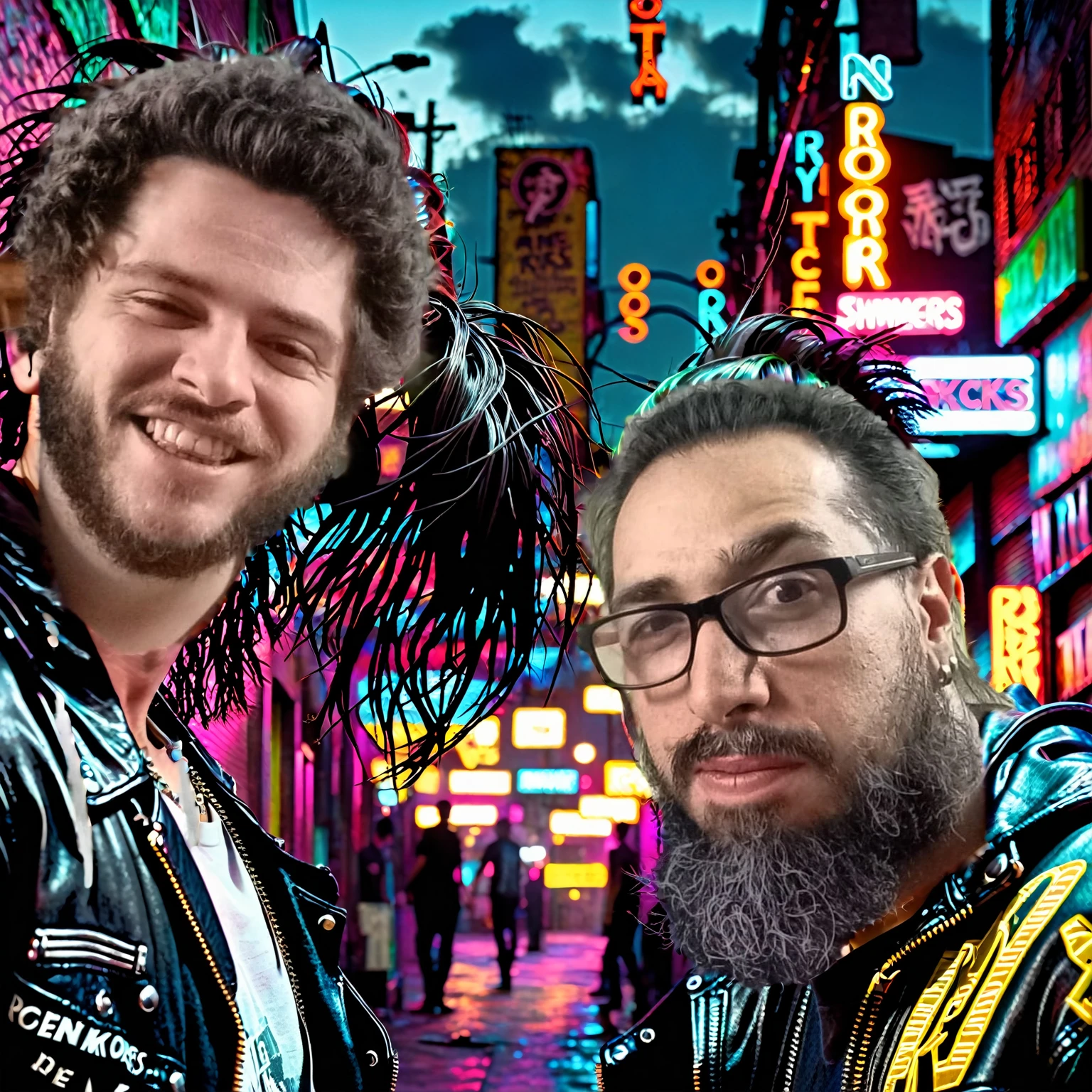 Two rockers heading in opposite directions,, rostos charmosos, ((both depicted as silhouettes with no visible facial features)). The background is a grungy urban environment with neon lights, moody lighting, and a cinematic angle. The scene is highly detailed and photorealistic, with an 8k resolution and an award-winning digital art style