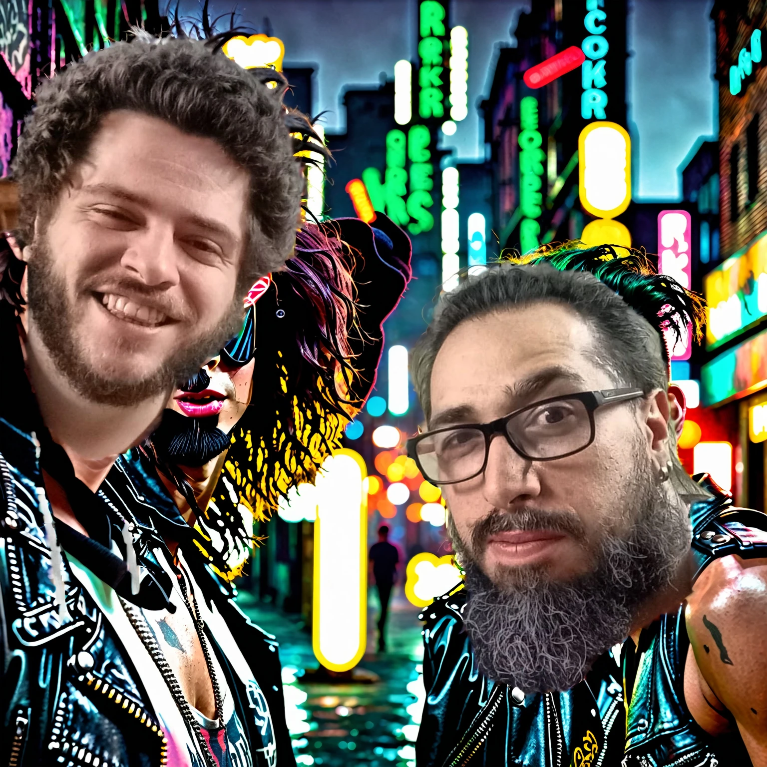 Two rockers heading in opposite directions,, rostos charmosos, ((both depicted as silhouettes with no visible facial features)). The background is a grungy urban environment with neon lights, moody lighting, and a cinematic angle. The scene is highly detailed and photorealistic, with an 8k resolution and an award-winning digital art style