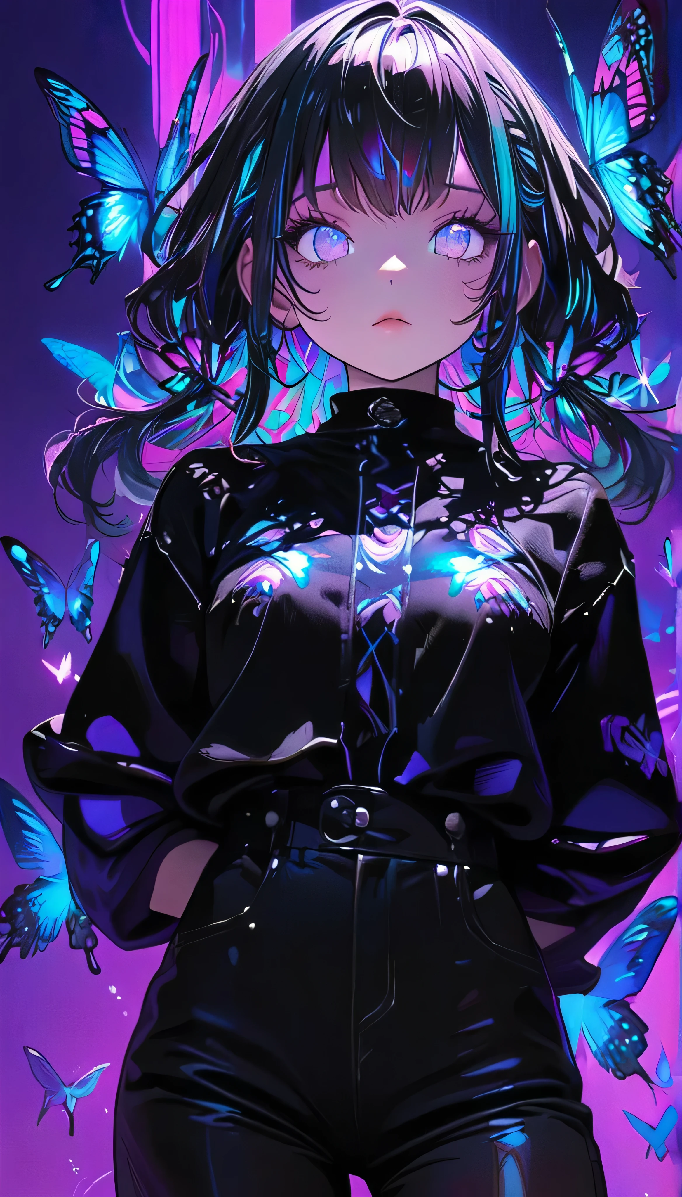 (((masterpiece, best quality, illustration, extremely detailed, 8k, 4k, 2k))), (1girl),skeleton style, lora more_details 1 , ((glow hair, multicolored hair)), ((Iridescent Hair)), (rib cage),  ((teal neon light)), ((hands behind back)), (black jacket), (((purple retro background))), (looking at viewer), (black pants), ((butterflies)), (looking at viewer), (upper body)  