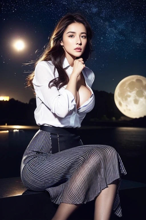 Super hot and gorgeous (((European women)))、actress、Fashion Model、Magazine Model、A beautiful woman、(8k, Highest quality, Ultra-high resolution、masterpiece、Raw photo)、Portrait, Ultra high resolution raw color photos, Professional photos、(Realistic, Real photo),(1 person)、(Delicate face、Detailed face and eyes、High definition eyes、double eyelid、Glossy lips)、グラマーなEuropean women、Full body image, Glowing Skin、Large Breasts、Sharp long legs、(Happy expression)、(Collared shirt)、(Striped midi skirt:1.3)、(silk pantyhose:1.2)、High heels、Sitting pose, High-definition skin texture、(Night in the background、Wind、Starry Sky、moon)、((Perfect body、Perfect Anatomy、Anatomically correct))