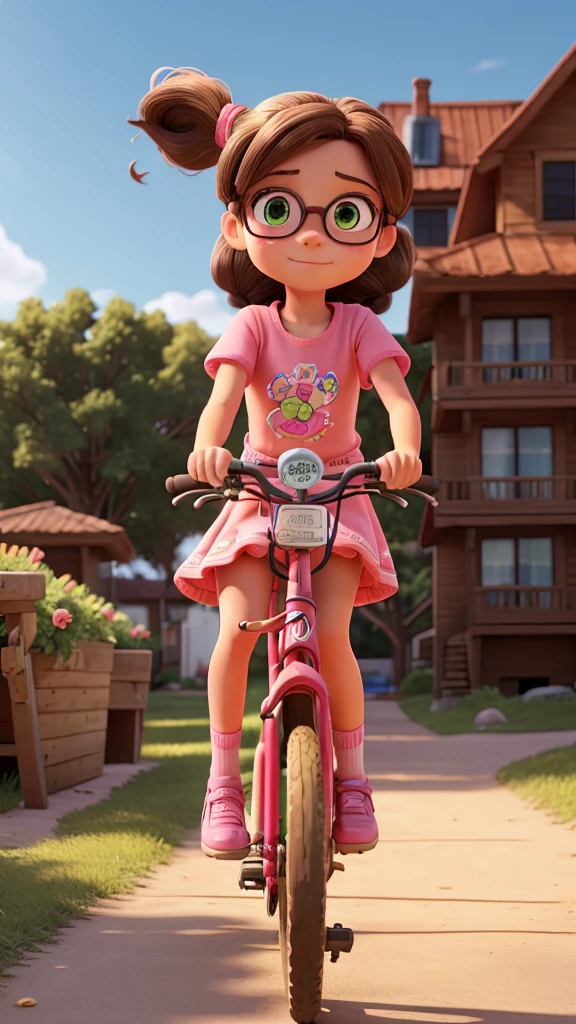 A 9  girl with brown hair in a ponytail, colorful dress, riding a bicycle, an 8 year oldth green eyes, pink glasses, denim shorts, colorful t-shirt, standing on the back of the bicycle, riding bicycles on dirt streets of a coastal city, highly detailed, photorealistic, 8k, masterpiece, vivid colors, dynamic composition, warm lighting