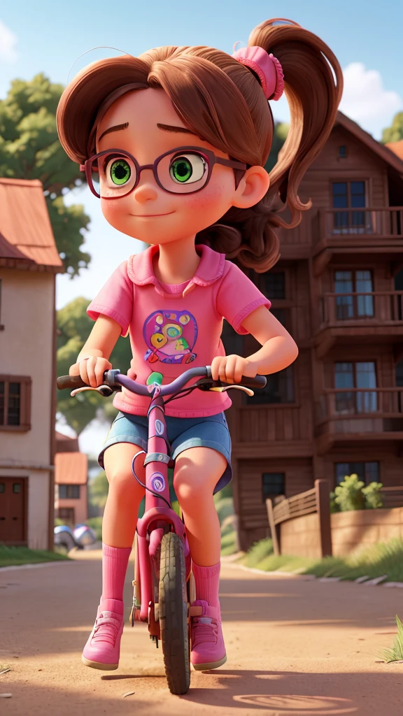 A 9 year old girl with brown hair in a ponytail, colorful dress, riding a bicycle, an 8 year old girl with green eyes, pink glasses, denim shorts, colorful t-shirt, standing on the back of the bicycle, riding bicycles on dirt streets of a coastal city, highly detailed, photorealistic, 8k, masterpiece, vivid colors, dynamic composition, warm lighting