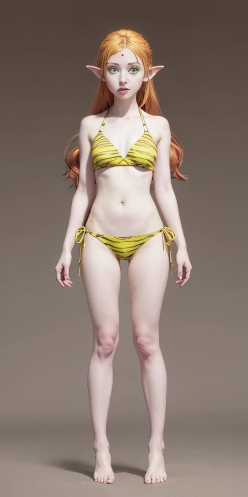 tsundere elf full body toe to head, long hair, blonde hair (green eyes:1.1) pointy ears, elf, multicolored hair, forehead jewel, yellow tiger bikini, standing symmetrical, plain background