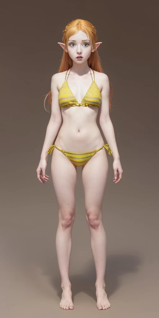 tsundere elf full body toe to head, long hair, blonde hair (green eyes:1.1) pointy ears, elf, multicolored hair, forehead jewel, yellow tiger bikini, standing symmetrical, plain background