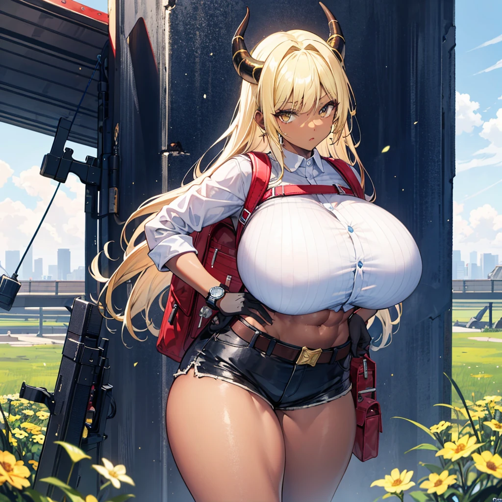 ((best quality)), ((masterpiece)), (detailed), 1girl, 8k_wallpaper, extremely detailed eyes, extremely detailed body, beautiful face, perfect face, detailed ((blonde hair)), (gold eyes), (( big blue horns)), {{dark skin}}, ({dark skinned female}), gigantic breasts, thick thighs, strong arm and leg muscles, strong abdominal muscles, Korean girl, dressed in a blue polto with rolled up sleeves, in heavy steel armor of silver color, on a wide red leather belt with gold yarn, hanging a military radio, leather tight shorts, leather gloves with radars and watches, a holster with a pistol hanging on her hip, a large hiking backpack, standing next to a red sci-fi SUV against the backdrop of flowers growing in the grass and a destroyed city,