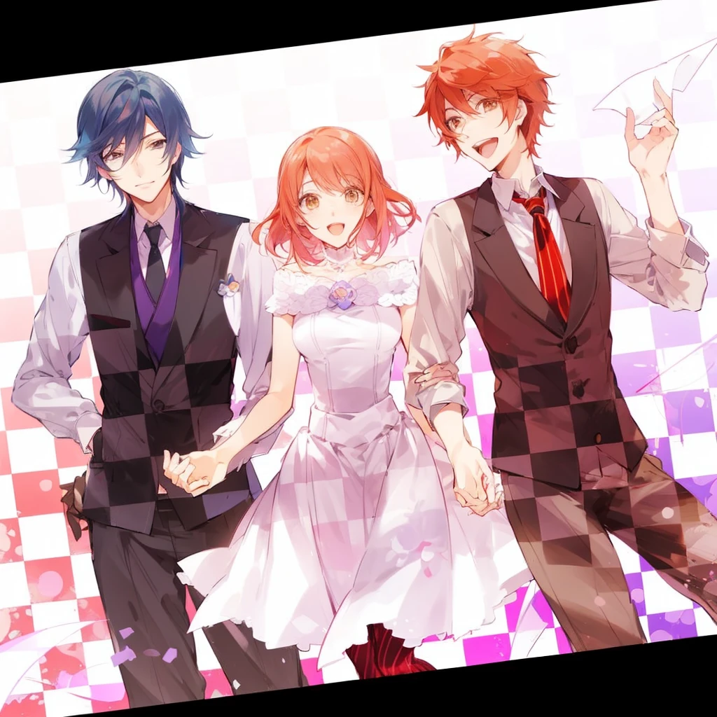 make the characters from the anime uta no prince sama, otoya itokki and tokiya ichinose, where in the middle there is a girl with long brown hair who is 1.60, where otoya is smiling and is 1.78 and tokiya is smiling slightly and is 1.80