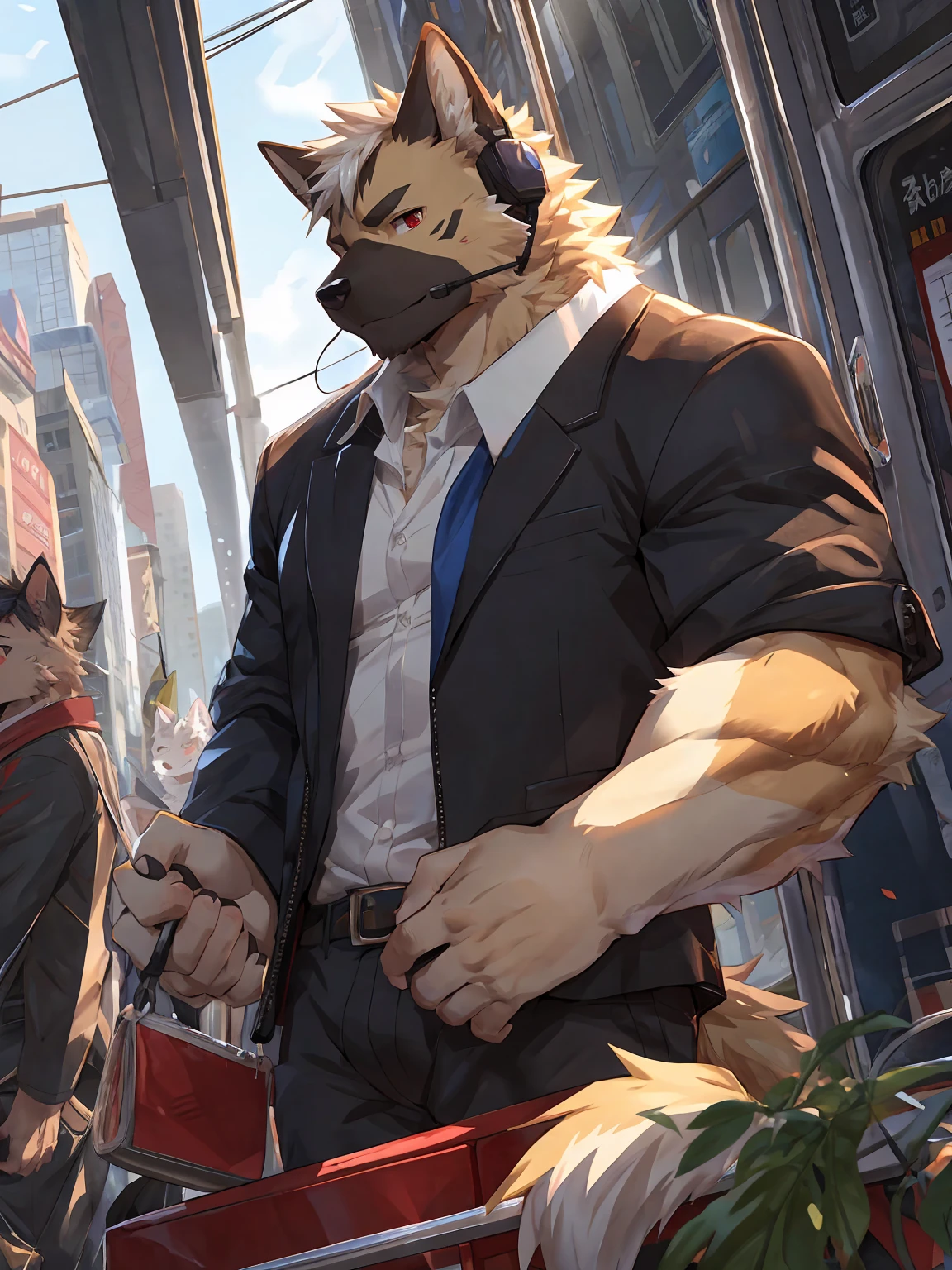 embedding:German Shepherd Dog, male,red eyes,Single person,The side,In the carriage,Look outside,Outside the train is the city.Headset,,Black jacket,The game CG,Illustration,On the train,The invention discloses a neck earphone,The highest quality of scene detail,adult,Tall and powerful,muscle，Best quality hands, best quality eye，detailed fur，Delicate eyes.Extreme picture quality，by sollyz,by zixiong,by milkytiger1145