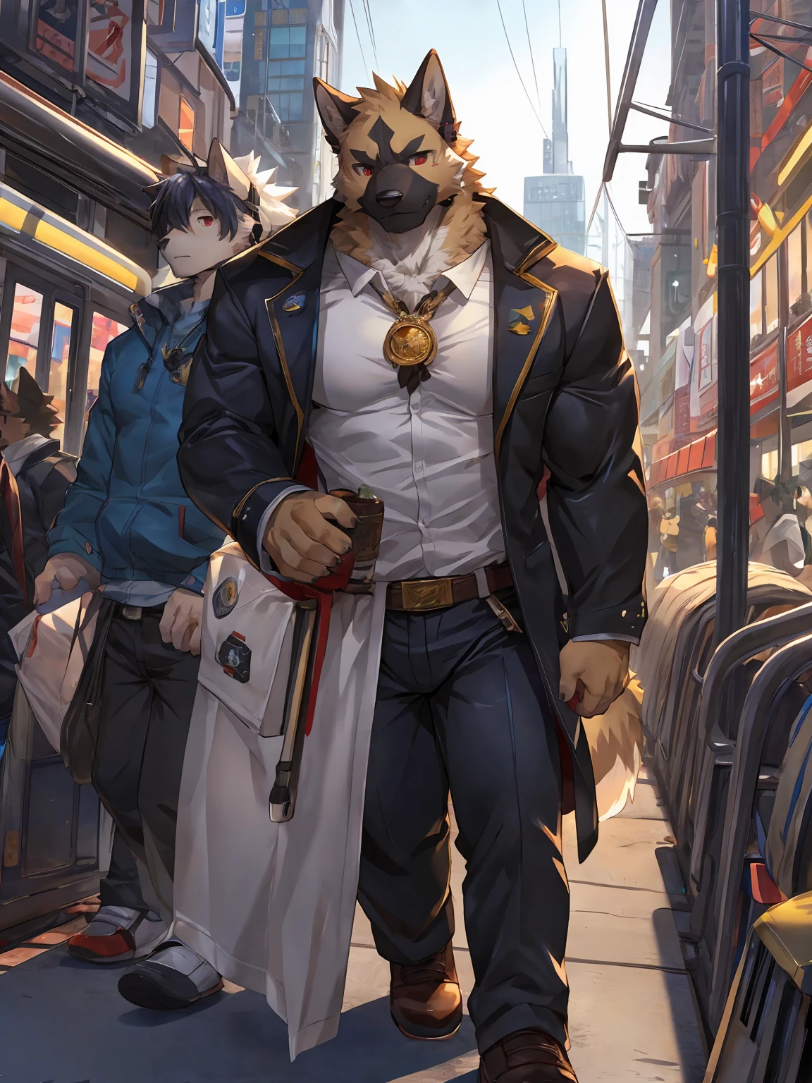 embedding:German Shepherd Dog, male,red eyes,Single person,The side,In the carriage,Look outside,Outside the train is the city.Headset,,Black jacket,The game CG,Illustration,On the train,The highest quality of scene detail,adult,Tall and powerful,muscle，Best quality hands, best quality eye，detailed fur，Delicate eyes.Extreme picture quality，by sollyz,by zixiong,by milkytiger1145