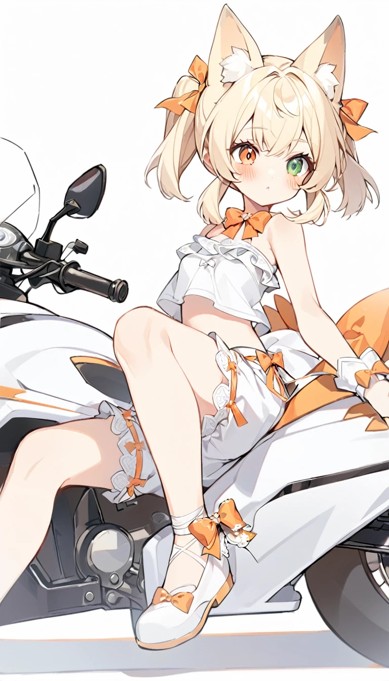 The fox girl,1girl,short hair, The hairstyle is like Klee's,animal ears, bangs, bare shoulders, blonde hair, blush, bow, breasts, white cleavage, cropped torso, , green eyes, hair ribbon, heterochromia, , , , orange bow, orange eyes, orange ribbon, ribbon, solo, stuffed animal, , , twintails, upper body, full-length, white legbands, white shoes with lace and white bows, white background, wrist cuffs, yellow eyes, bloomers, close-up, fair skin frills, lace, midriff, skirt, solo, , white background,shorts, white top with ribbon and lace and trousers,trousers, genshin,white slippers with a bow,All clothes are white, laceAt full height, it stands,bandaged hands, short hair , ankle lace-up, ankle ribbon, bow, leg ribbon, lineart, , shoes, , standing, , white bow, white footwear,on a white motorcycle, holding the steering wheel, a slightly indignant expression on his face, looking the other way,riding a motorcycle