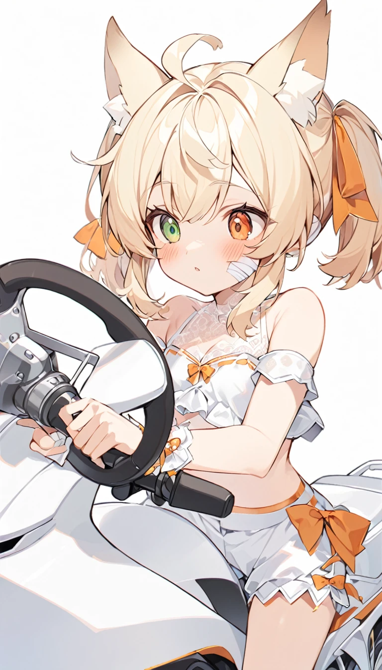 The fox girl,1girl,short hair, The hairstyle is like Klee's,animal ears, bangs, bare shoulders, blonde hair, blush, bow, breasts, white cleavage, cropped torso, , green eyes, hair ribbon, heterochromia, , , , orange bow, orange eyes, orange ribbon, ribbon, solo, stuffed animal, , , twintails, upper body, full-length, white legbands, white shoes with lace and white bows, white background, wrist cuffs, yellow eyes, bloomers, close-up, fair skin frills, lace, midriff, skirt, solo, , white background,shorts, white top with ribbon and lace and trousers,trousers, genshin,white slippers with a bow,All clothes are white, laceAt full height, it stands,bandaged hands, short hair , ankle lace-up, ankle ribbon, bow, leg ribbon, lineart, , shoes, , standing, , white bow, white footwear,on a white motorcycle, holding the steering wheel, a slightly indignant expression on his face, looking the other way,riding a motorcycle