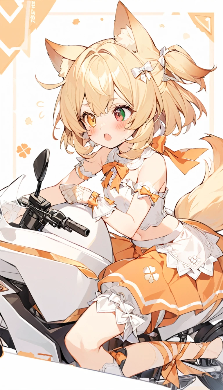 The fox girl,1girl,short hair, The hairstyle is like Klee's,animal ears, bangs, bare shoulders, blonde hair, blush, bow, breasts, white cleavage, cropped torso, , green eyes, hair ribbon, heterochromia, , , , orange bow, orange eyes, orange ribbon, ribbon, solo, stuffed animal, , , twintails, upper body, full-length, white legbands, white shoes with lace and white bows, white background, wrist cuffs, yellow eyes, bloomers, close-up, fair skin frills, lace, midriff, skirt, solo, , white background,shorts, white top with ribbon and lace and trousers,trousers, genshin,white slippers with a bow,All clothes are white, laceAt full height, it stands,bandaged hands, short hair , ankle lace-up, ankle ribbon, bow, leg ribbon, lineart, , shoes, , standing, , white bow, white footwear,on a white motorcycle, holding the steering wheel, a slightly indignant expression on his face, looking the other way,riding a motorcycle