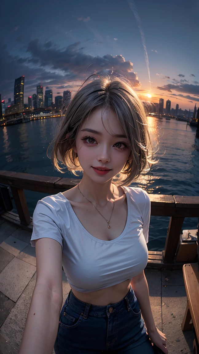 xxmixgirl,One Girl, Fisheye Lens, Selfie, Wind, Messy Hair, sunset, Cityscape, (Aesthetics and atmosphere:1.2), Gray Hair,smile, Film Girl, Short top shirt, Open your chest wide, 