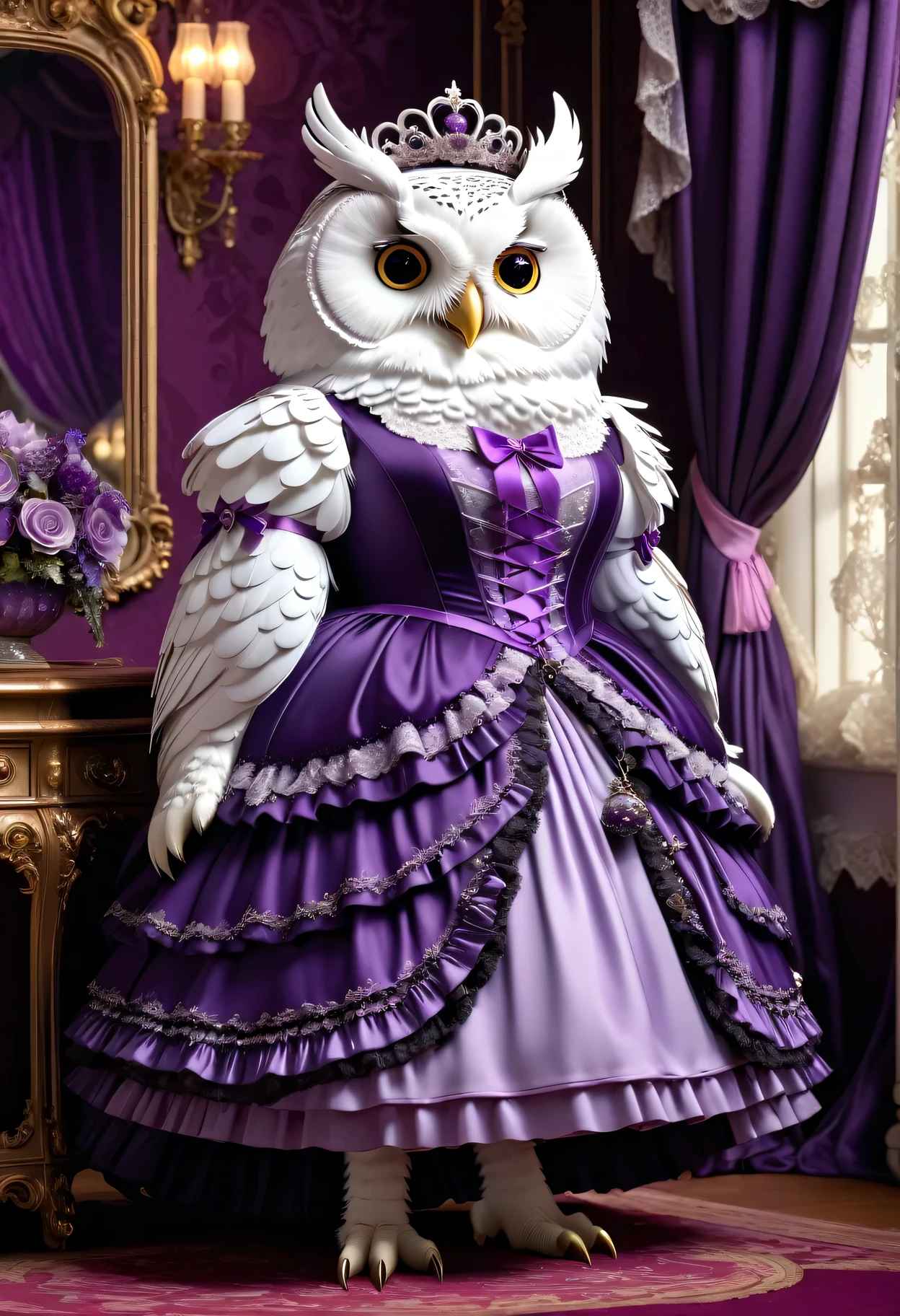 photorealistic portrait of Dressed animals-a ((fat)) ((white owl)) princess,(furry), (elegant pose:1.5), (hands on hips:1.5),(smile:1.5),high quality,(),(lovely) ,intricate details, Wearing Gothic & Lolita purple dress , ( brim on head), highly detailed ((dress with frills and ribbon)) ,highly detailed accessories, high sox , (happy), soft lighting,(full body image:2.0),in Rococo style room background,,score_9, score_8_up, score_7_up, score_6_up, score_5_up, score_4_up,