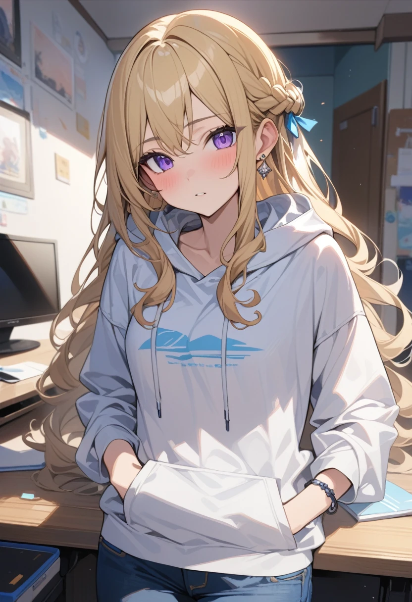 masterpiece, best quality, extremely detailed, ultra detailed, flat anime, 2D,
1girl, (young adult:1.2),blonde hair, (semi-long hair:1.2), curly hair, french braid, medium breasts, purple eyes, tsurime, height 1.7meters,
white hooded sweatshirt, jeans, earring,bracelet, long sleeves,socks,
Notice what's on the desk,
upper body, portrait,
summer, livingroom, 12AM., standing