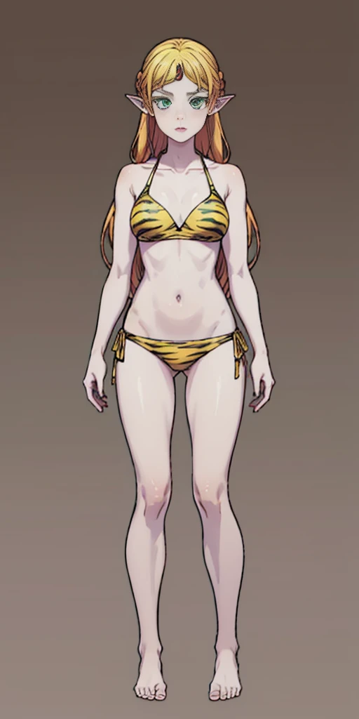 tsundere elf full body toe to head, long hair, blonde hair (green eyes:1.1) pointy ears, elf, multicolored hair, forehead jewel, yellow tiger bikini, standing symmetrical, plain background