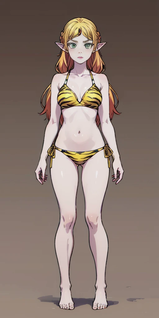 tsundere elf full body toe to head, long hair, blonde hair (green eyes:1.1) pointy ears, elf, multicolored hair, forehead jewel, yellow tiger bikini, standing symmetrical, plain background