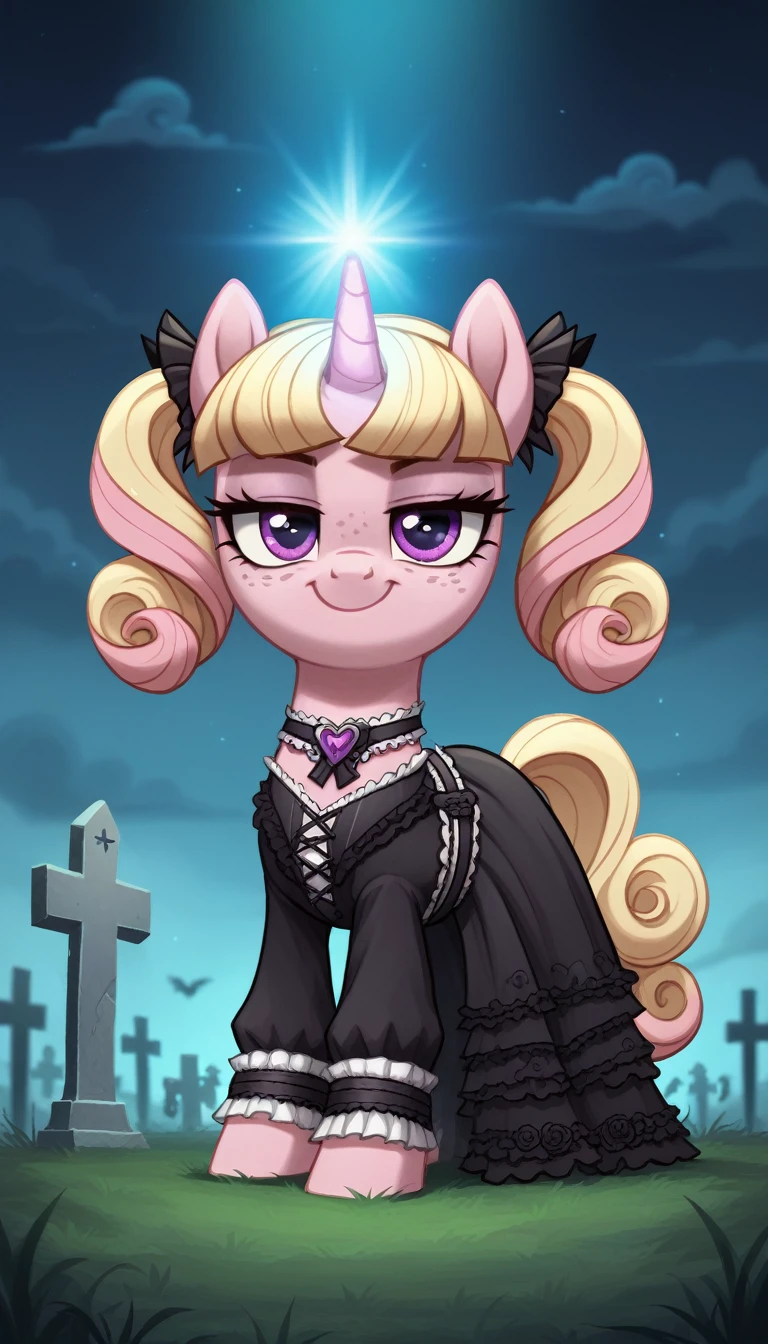 score_9,score_8_up,score_7_up,score_6_up, filly female, unicorn, pastel pink fur, curly blonde hair, pastel blue dye streaks, short twintails, freckles, violet eyes, Gothic pony, ta fashion, glowing backlight, fashion show, graveyard scene, glitter, whimsical, enchanted, magical, fantasy art concept, intricate details, smug smile, glowing horn,