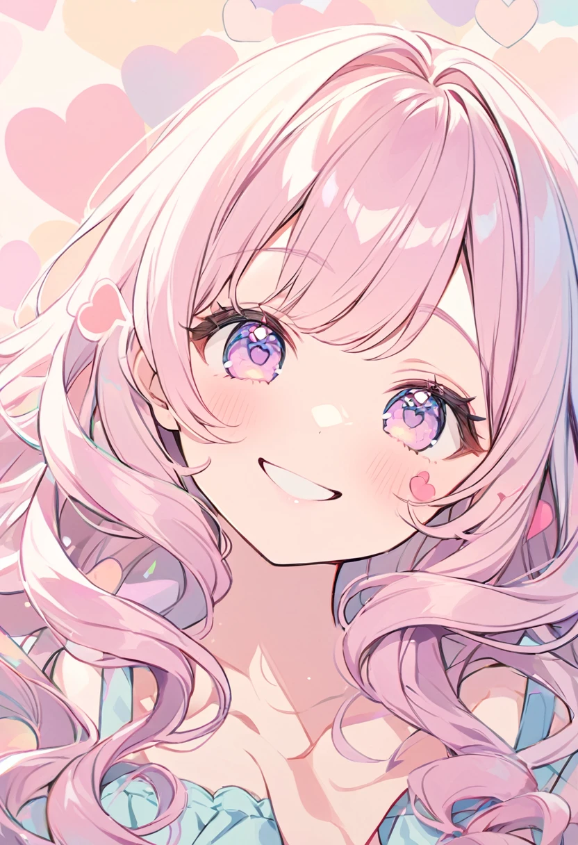 girl,Light Pink,Long Curly Hair,Throw kiss,Big smile,((Heart Background:1.3)),((Face close-up)),Pastel color background,Cute atmosphere