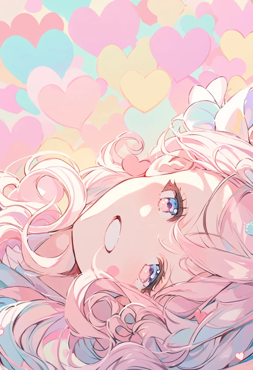 girl,Light Pink,Long Curly Hair,Throw kiss,Big smile,((Heart Background:1.3)),((Face close-up)),Pastel color background,Cute atmosphere