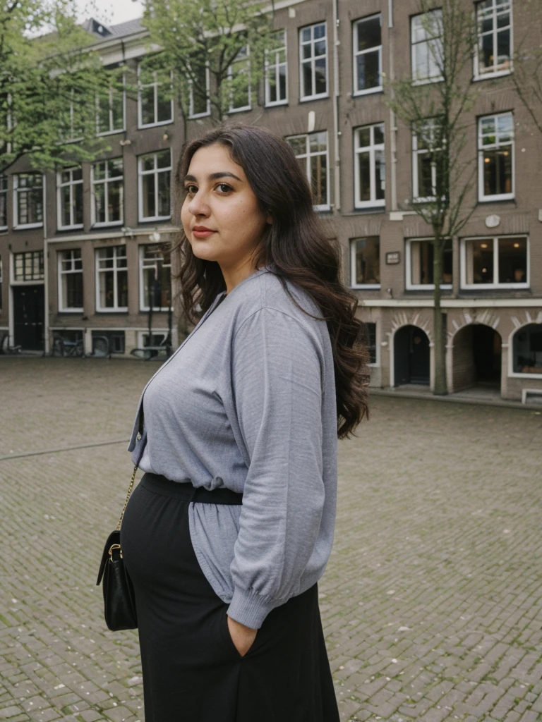 Caseyli, 1girl, solo, 30 years old, (((Georgian face))), (((Georgian nose))), (((Georgian lips))), ((((chubby)))), (((wide hips))), (((dark blonde hair))), wavy medium hair, wearing stylish Generation Z modern wear, ((Background: Courtyard in Amsterdam))