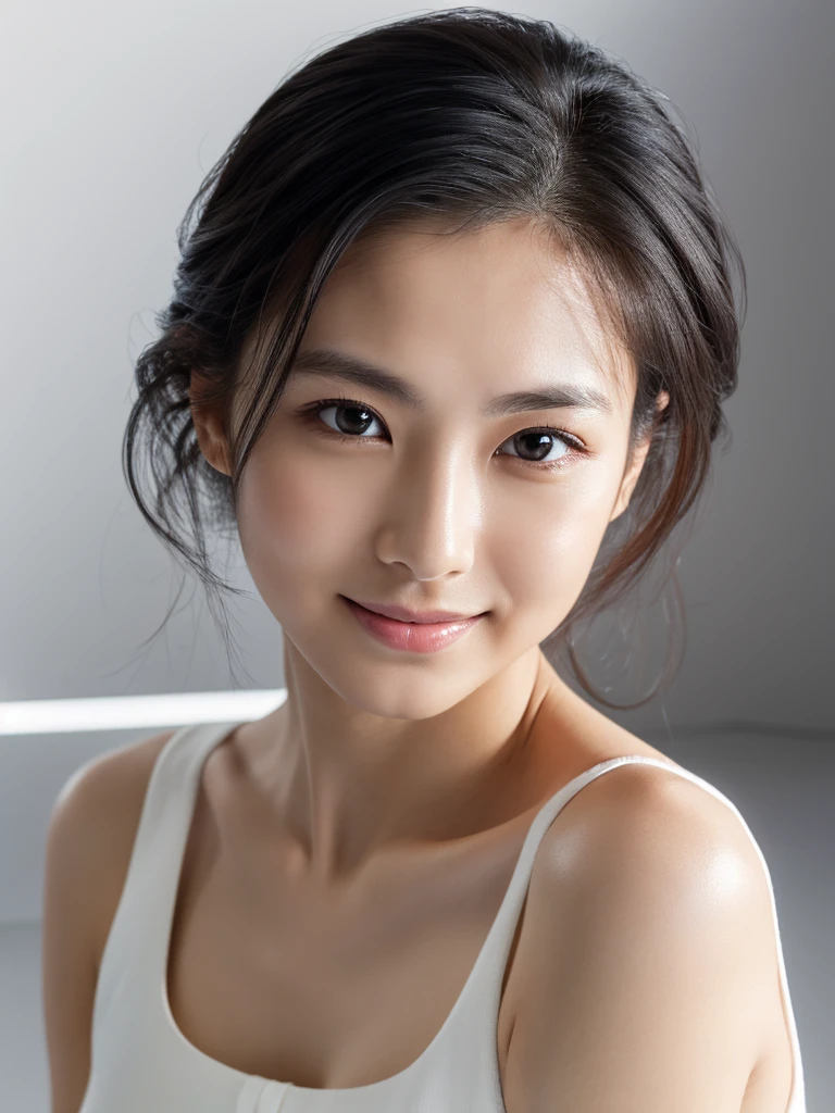 whiteroom, 1 person, Japanese woman, look at the camera, smile, H~I cup, model's expression, big eyes, double eyelids, high nose bridge, small mouth, thin lips, smooth fair skin, high cheekbones, symmetrical face, natural eyebrows, gentle smile, shiny black hair, straight hair, soft facial expression, well-defined jawline, Tank top, Shiny skin, Sweaty body, Dramatic lighting, Huge breath, (8K, 4K, Best Quality, High Definition, Ultra High Definition: 1.1), (Masterpiece, Realistic, Photorealistic: 1.1), #tarasuzuka24