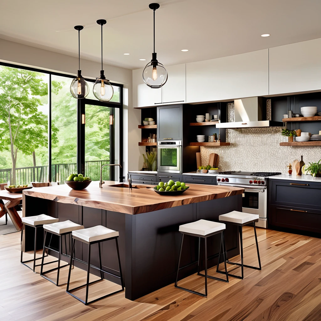 Design a sleek and modern kitchen with a distinctive live-edge wooden island countertop. The kitchen should feature white cabinets and black countertops for a contemporary aesthetic. Add geometric bar stools and pendant lights above the island for a stylish look. Use a light, neutral backsplash to keep the space bright and airy. Make sure the kitchen is filled with natural light, enhancing the combination of modern and rustic elements for a cozy and elegant feel