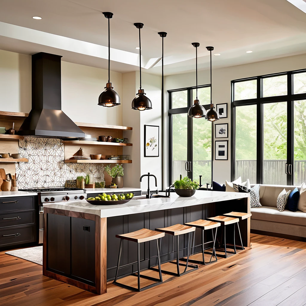 Design a sleek and modern kitchen with a distinctive live-edge wooden island countertop. The kitchen should feature white cabinets and black countertops for a contemporary aesthetic. Add geometric bar stools and pendant lights above the island for a stylish look. Use a light, neutral backsplash to keep the space bright and airy. Make sure the kitchen is filled with natural light, enhancing the combination of modern and rustic elements for a cozy and elegant feel