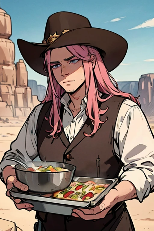 Perfect face. Perfect hands. A handsome pink haired cowboy with violet eyes and long hair in a sheriff's outfit is making dinner in the desert in the wild west