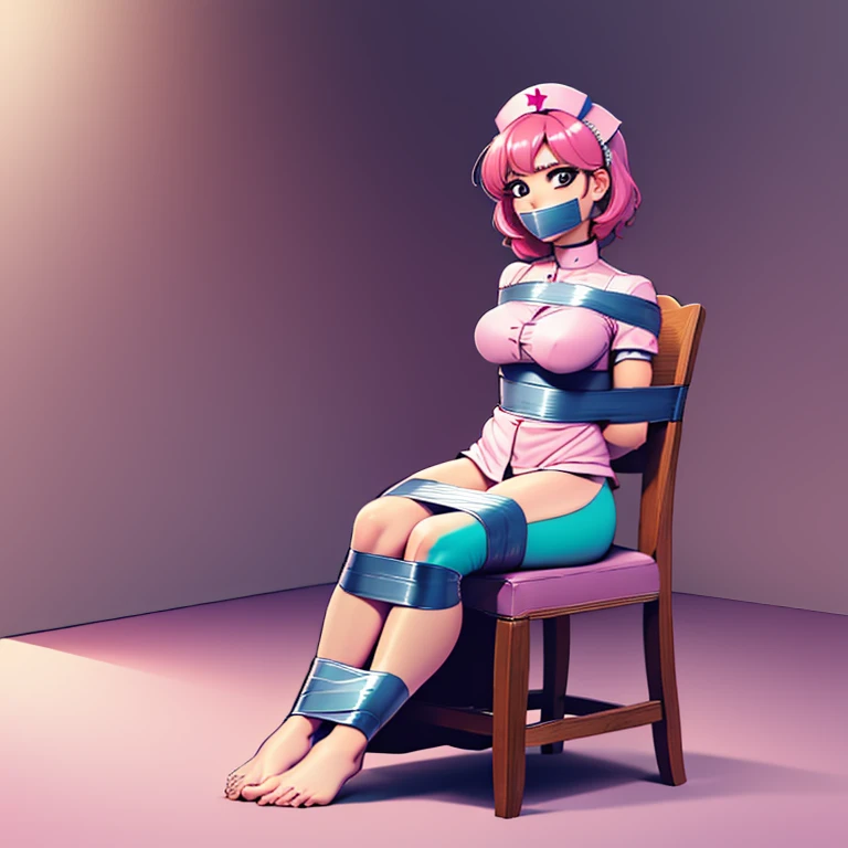 (bright lighting,romantic setting),bride,(((only))), captured, dreamy background,bondage , soft skin, alluring beauty, artistic portrait, nurse outfit, high-quality image, vibrant colors,in the bed,tape bondage,tape gag,sit on a chair, Focus full body, barefoot, look at the chamera