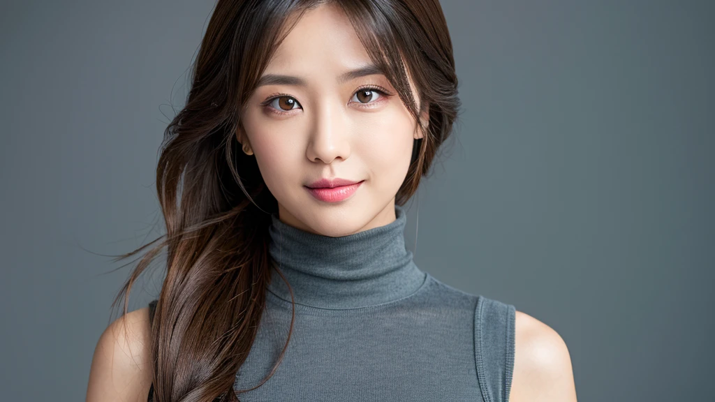 (Detailed face),vivid,chest,cute,Sleeveless and(turtleneck)Gray silky clothes,4K,Ultra-high resolution,(Photorealistic:1.7),Gray background,Long Hair,