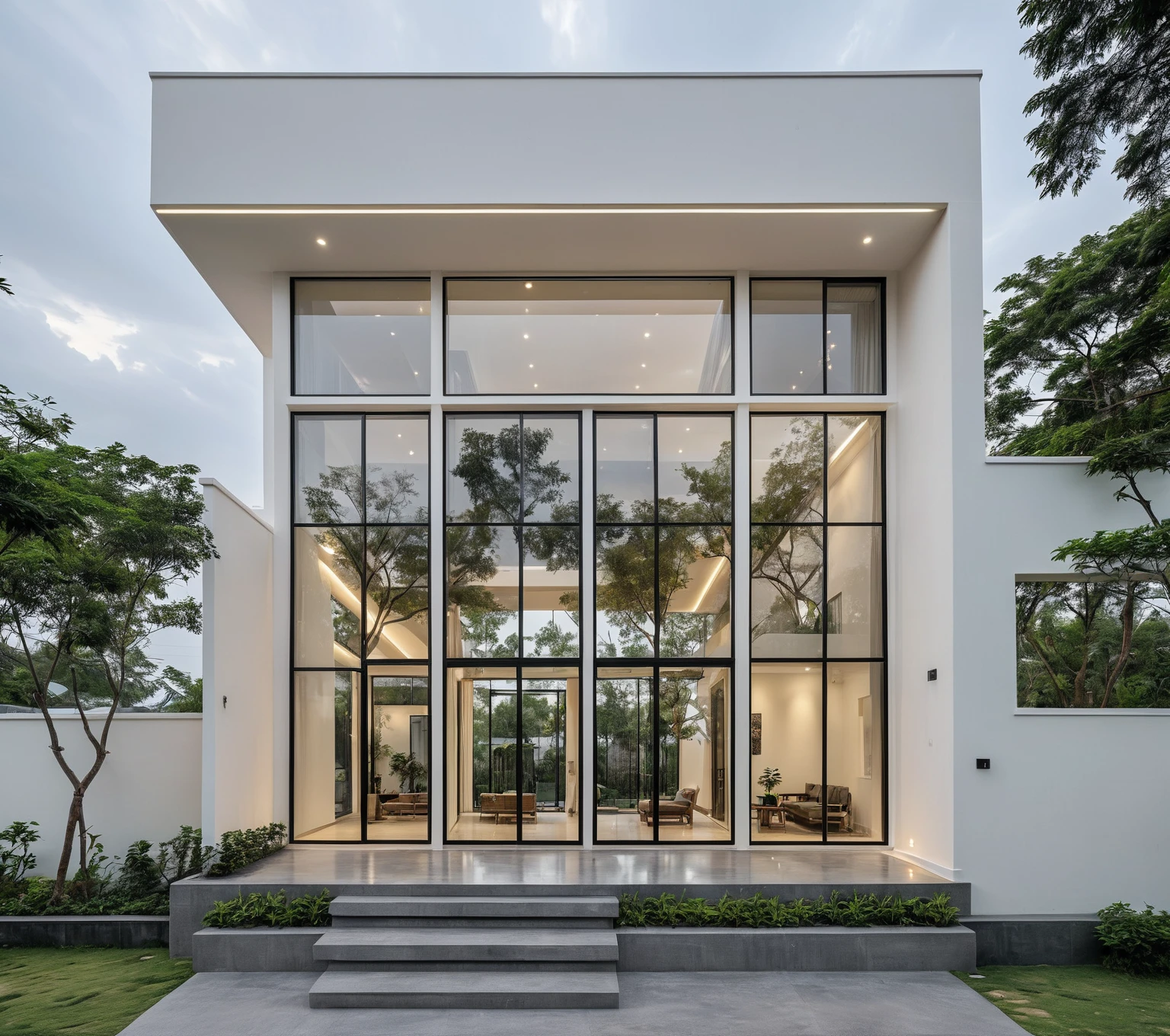 RAW photo, a photo of a modern house, (curvilinear archrchitecture:1.4), Wabisabi style rounded wall, white wall, steel black gate, sidewalk, sidewalk trees, ((grey gate:1.2)), road, viet nam modern residence, ((architectural shot)), rough white wall, new residential area, wide angle exterior 2022, contemporary house, exterior photography, masterpiece, contemporary architecture, overcast, indirect lighting