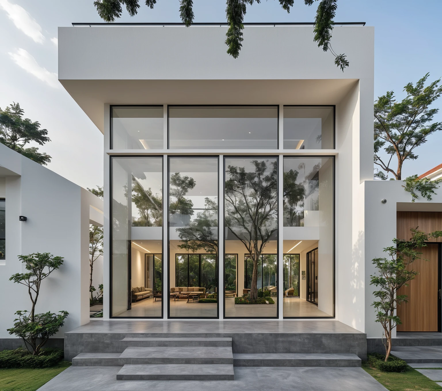 RAW photo, a photo of a modern house, (curvilinear archrchitecture:1.4), Wabisabi style rounded wall, white wall, steel black gate, sidewalk, sidewalk trees, ((grey gate:1.2)), road, viet nam modern residence, ((architectural shot)), rough white wall, new residential area, wide angle exterior 2022, contemporary house, exterior photography, masterpiece, contemporary architecture, overcast, indirect lighting