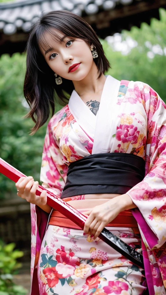 Beautiful Chinese woman, (16 years old), cute face, red lips, white moist skin, moles, under-eye bags,
BREAK,
Feminine body with high athletic ability, Body of a female fitness model, Feminine body with hard tones, (muscles: 1.2), (beautiful belly button),
BREAK,
Martial artist, Kung Fu fighter, Idol,
BREAK,
(wearing cute kimono: 1.3), (kimono with high exposure), (red long boots 1.3), necklace, very large earrings, short length,
BREAK,
Short hair, (short bob hair), (bangs: 1.2), (pink hair: 1.3), (wavy hair),
BREAK,
(very large Japanese sword: 1.4), (holding the handle of a Japanese sword in hand: 1.3), (raising a very large Japanese sword: 1.2), (taking a fighting stance),
BREAK,
(Japanese tattoo: 1.4),
BREAK,
Masterpiece, perfect lighting, Ultra high resolution, 8K, (highly detailed:1.4), (front view), looking at camera, melancholic expression,
BREAK,
(Tokyo city, lots of people in background), Japanese city background,