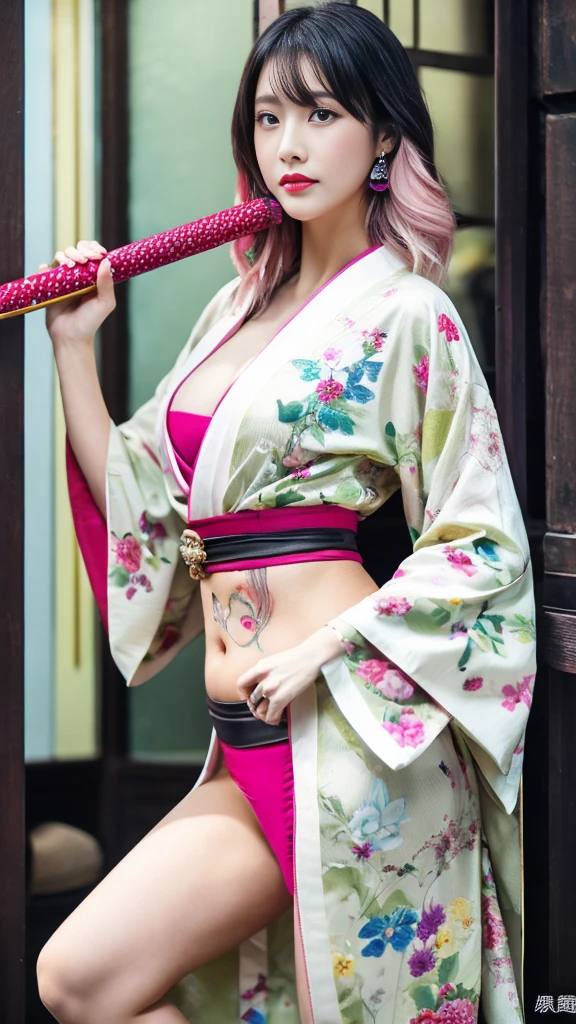 Beautiful Chinese woman, (), cute face, red lips, white moist skin, moles, under-eye bags,
BREAK,
Feminine body with high athletic ability, Body of a female fitness model, Feminine body with hard tones, (muscles: 1.2), (beautiful belly button),
BREAK,
Fighter, Kung Fu fighter, Idol,
BREAK,
(Wearing cute kimono: 1.3), (Kimono with high exposure: 1.3), (Red long boots 1.3), Necklace, Very large earrings, Short length,
BREAK,
Short hair, (Short bob hair), (Bangs: 1.2), (Pink hair: 1.3), (Wavy hair),
BREAK,
(Very large Japanese sword: 1.4), (Holding the handle of a Japanese sword in hand: 1.3), (Raising a very large Japanese sword: 1.2), (Getting into a fighting stance),
BREAK,
(Japanese tattoo: 1.4),
BREAK,
Masterpiece, Perfect lighting, Ultra high resolution, 8K, (Highly detailed:1.4), (Front view), Looking at camera, Melancholic expression,
BREAK,
(Tokyo city, lots of people in background), Japanese city background,