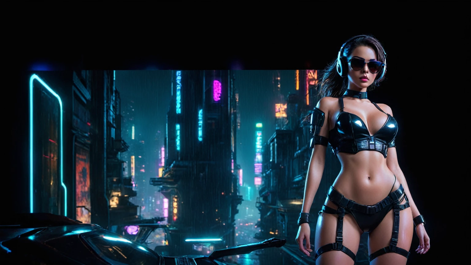 (aerial view, a flying cars docking platform, a very dark abandoned futuristic city, neon lights), rainy night. 1girl, solo, alone, large-breast:1.2 slim body, cleavage:1.1, sexy wind blowing wet dress:1.4, (headphone, black sunglasses), (((she raised:1.8 a pistol:1.8 and took aim))), dynamic pose, (((half-body thigh level medium shot))), cinematic lighting, lens flare, ray tracing.