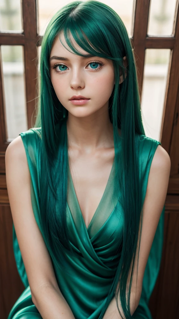 a girl. face sent feeling. Europe. Oval face. long face. delicate facial features. shy eyes. seductively seductive. green eyes. long straight hair. blue hair. sad expression. green silk dress. sitting posture