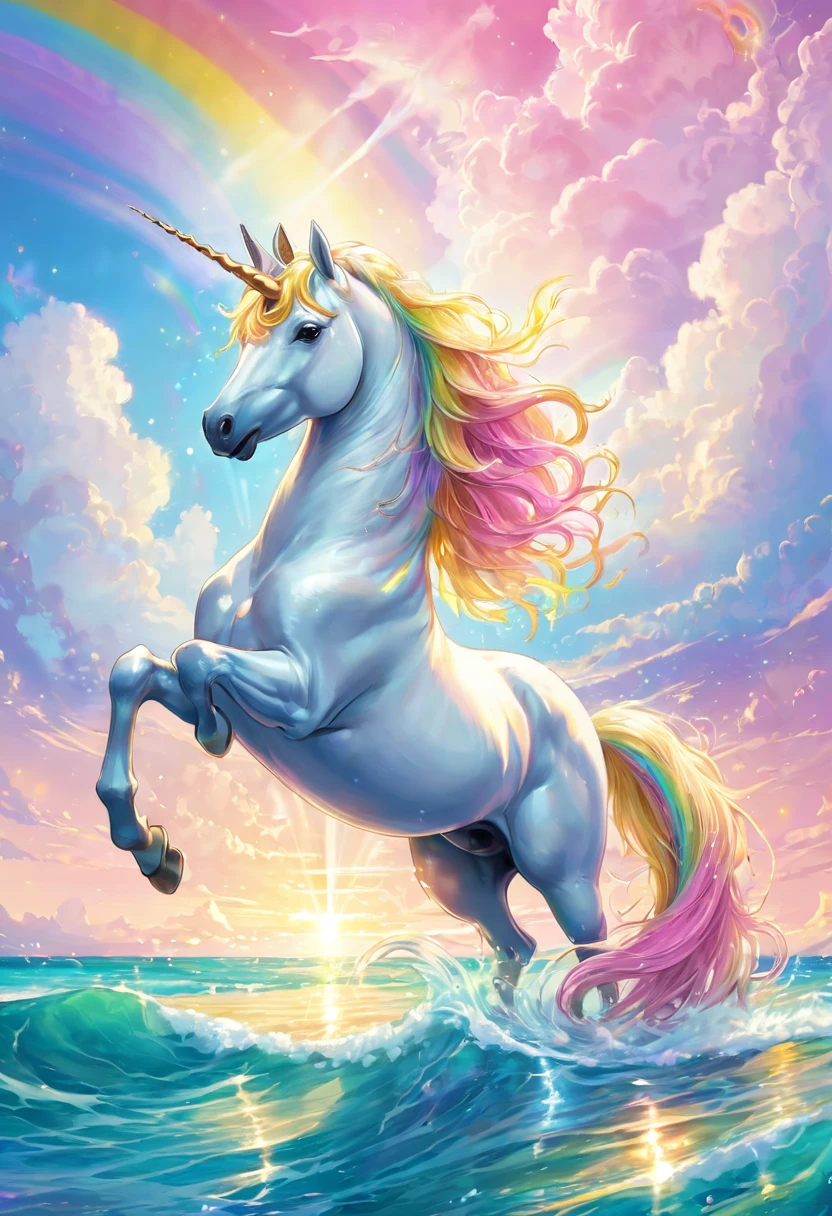 A white unicorn under a pastel rainbow sky, a beautiful crystal clear sea nearby, a pegasus with rising golden hair, a divine, pink dolphin, delicate light. perfect lighting